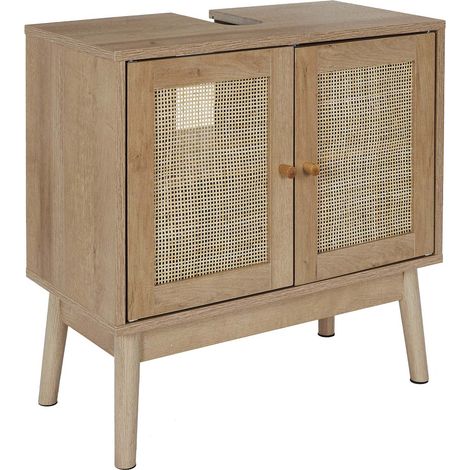 The Home Deco Factory – Meuble sous vasque simple – Rotin tressé marron – Style épuré – Intérieur spacieux pour rangement – Poignées en bois