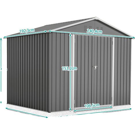 Caseta de jardín, de metal de alta resistencia, con amplio espacio de almacenamiento, 8x6 pies - Gris - con base (1/2)