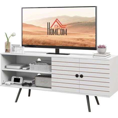 Meuble TV pour télévision jusqu'à 65 pouces avec 2 compartiments ouverts et 1 étagère réglable 145x38x65 cm Blanc (1/5)