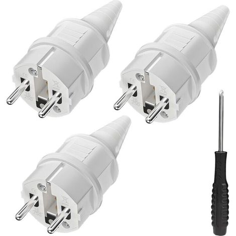 Bardusch-3 fiches de contact de protection avec protection anti torsion, 250 V (16 A), résistantes aux projections d'eau et longue durée, IP44, blanches. (1/5)