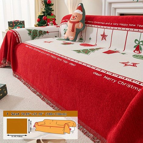 Housse de canapé contemporaine rouge de Noël avec ornements à pompons, adaptée aux animaux domestiques, antidérapante, lavable en machine, tissu cheni (1/5)