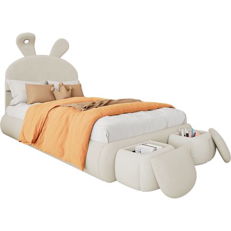 Lit rembourré en velours beige 90x200 cm avec oreilles de lapin LED réglable, sommier à lattes et 2 poufs rangement (1/5)