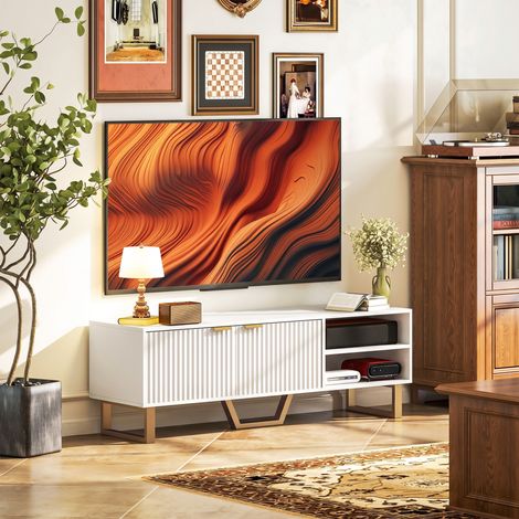 Meuble TV banc TV pour téléviseur jusqu'à 70 pouces - placard à 2 portes cannelées, compartiment ouvert et passe-câbles (1/5)
