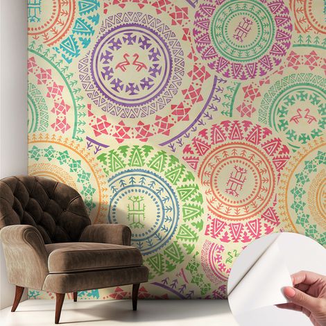 Papier peint autocollant adhésif avec motifs pour salon et chambre accessoire stylé pour votre intérieur Mandalas colorés 250x250 cm (1/5)