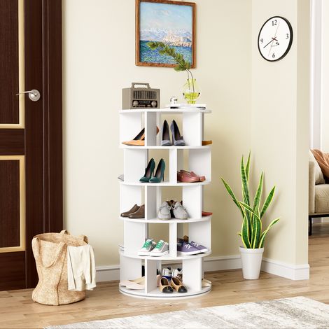 Meuble à chaussures 5 étages pivotant 360° blanc design moderne pour entrée rangement organisé, structure solide, dimensions H115 x L60 cm, livré prêt à monter. (1/5)