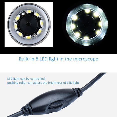 USB-Digitalmikroskop mit 1000-facher Vergrößerung, integrierter 8-LED-Kamera, Lupe und Stativhalterung.