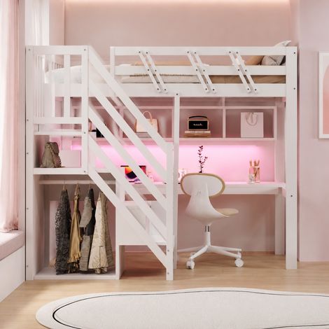 Cama alta 90x200 cm blanca de madera con escritorio, escalera con almacenaje e iluminación LED (1/5)