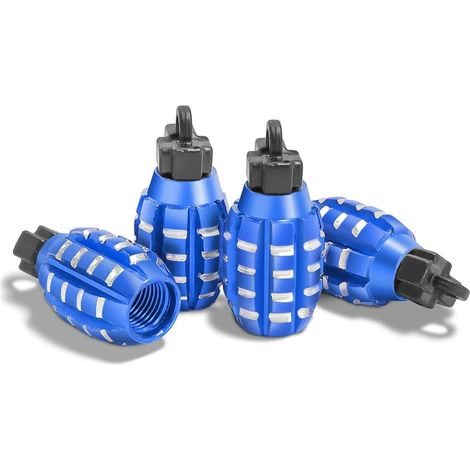 4 Pièces Bouchons Valve en Aluminium, Bouchons Valve en Forme De Grenade, Bouchons de Tige de Valve de Pneu, Anti-Poussière, pour Voitures, SUV, Vélos, Camions, Motos (Bleu) (1/5)