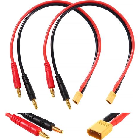 2 Pièces XT30 à 4.0 Banane Plug RC Câble de Charge de la Batterie, Connecteur XT30 à 4mm Fiche Banane avec 30cm 14AWG Câble en Silicone, pour RC Hélicoptère Quadcopter Lipo Batterie (1/5)