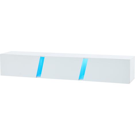 Mueble TV flotante blanco brillante con LED y 3 puertas, 180 x 35 x 30 cm (1/5)