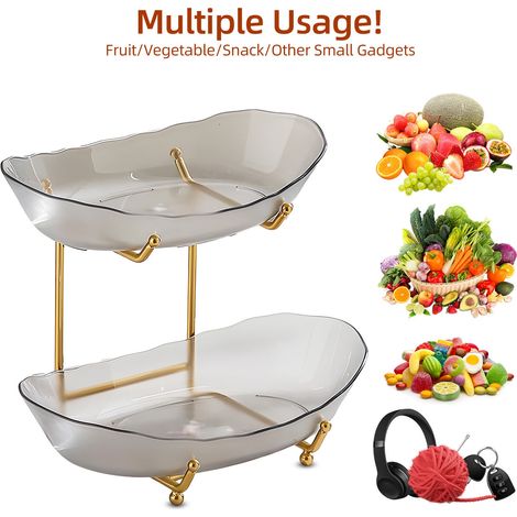 Obstschale für die Küchentheke, 2-stöckiger Acrylkorb mit Servierschalen und Metallständer, mehrstöckige Aufbewahrung für Gemüse, Snacks/Nüsse, Kuchen, Desserts, perfekt für ein Buffet bei einer Hochz (1/5)