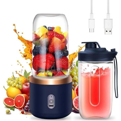 Portable Mini Blender, 400ml Portable Blender Smoothie Maker USB Rechargeable Blender Smoothie Portable with 6 Blades Portable Juice Blender for Kitchen Office Travel Sport (Blue) (1/5)