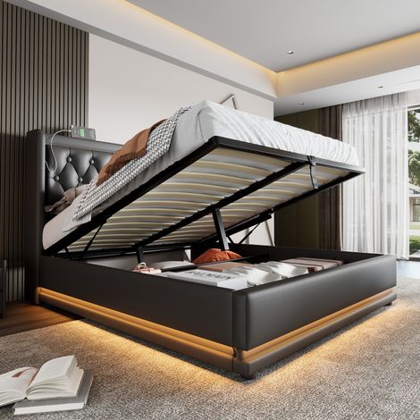 Cama doble con almacenaje LED USB negra 160x200 OKMYHOME (1/5)
