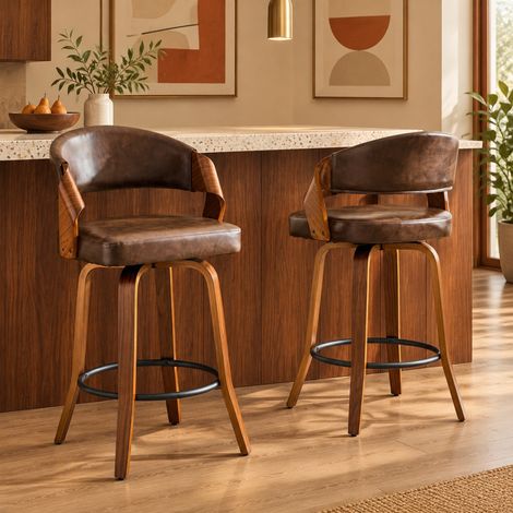 2er-Set Barhocker mit Holzrückenlehne und braunem PU, 95 cm hoch, OKWISH (1/5)