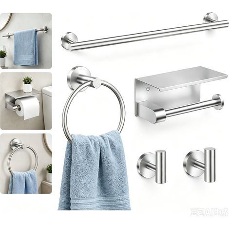 Set de salle de bain 5 pièces, finition acier brossé, avec barre de 60 cm et porte-serviettes, en métal résistant à la corrosion, design contemporain, ensemble complet pour votre salle de bain (1/3)