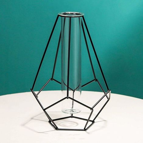Metal Frame Vase, Geometric Shape Glass Test Tube Vase, Flower Vase for Hydroponic Plant, Solid Terrariums Small Bud Vase for Office Home, Geometric Bottle Black (1/5)