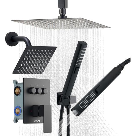 Pour Salle de Bain et Confort Quotidien Ensemble de Robinetterie 3 Fonctions Pommeau Pluie 25,4 cm Douchette Valve Laiton Noir Mat (1/5)