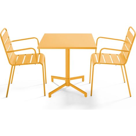 Ensemble table 70 cm et 2 fauteuils de jardin en métal jaune - Palavas