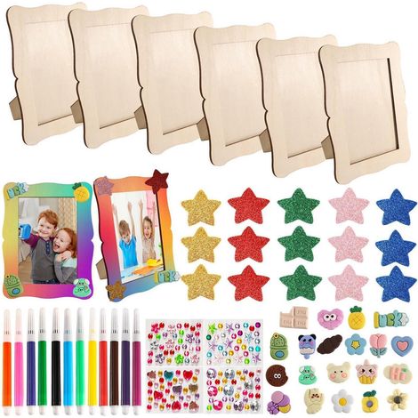 6er Set Holzbilderrahmen zum Bemalen 14x19cm mit Glitzersteinen & 3D-Aufklebern
