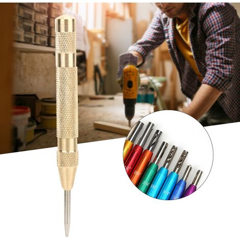 Foret perforateur multicolore pour charnières de porte et fenêtre avec poinçon central et clé hexagonale (1/5)