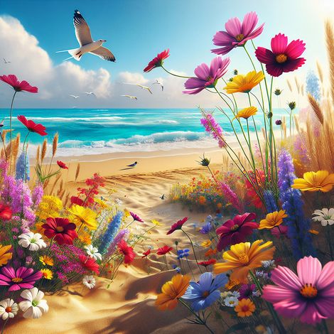 Papier peint panoramique - Vue Mer Fleurs - 130 cm x 130 cm (1/2)