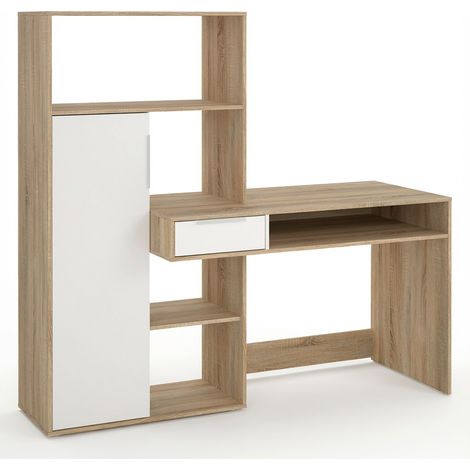 Scrivania Con Libreria Integrata Cassetto E Mobile con Ante Desk Multifunzionale Per Home Office E Studio 162.8 x 60.35 x 155.4 Cm Bianco e Rovere