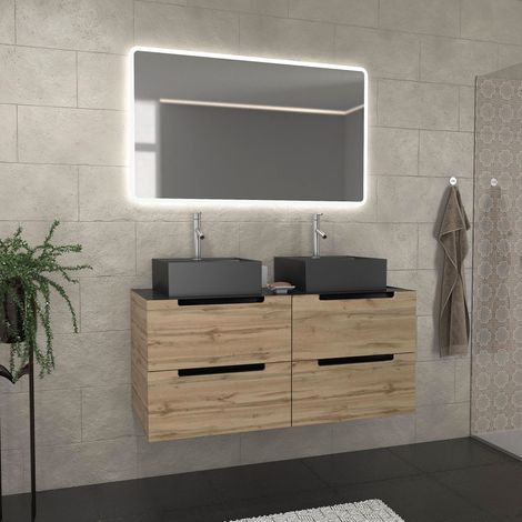 Mobile bagno 120cm effecto Rover e nero, lavabi quadrati e specchio LED 120x70 - OMEGA