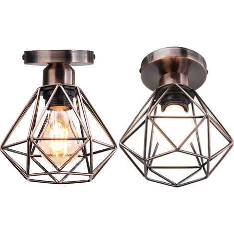 2 Piezas Lámparas de Techo Vintage Iluminación Plafón Metal Lámpara Colgante Diseño de Jaula de Hierro Bronce Rojo Ø16cm (1/5)