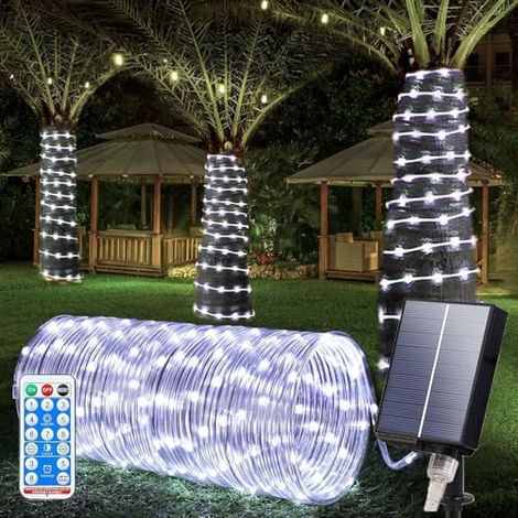 Guirlande Lumineuse Solaire Extérieure 12m 100 LED, IP65 Étanche Guirlande Lumineuse Solaire Décoration Lumières avec 8 Modes d'Éclairage pour Jardin Arbre Fête Décoration de Noël- Blanc (1/5)
