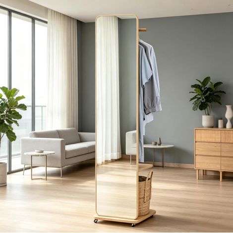 Espejo de pie con perchero, 170 cm, 4 ruedas, madera clara DESVIAE (1/5)