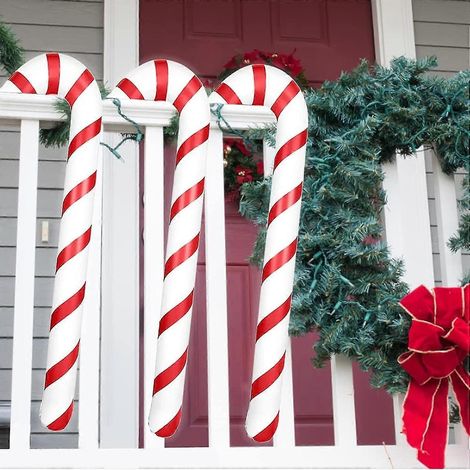 3 piezas de adornos navideños inflables de bastón de caramelo de 87 cm, adornos navideños de bastón de caramelo extragrandes para árbol de Navidad (rojo y blanco) (1/5)