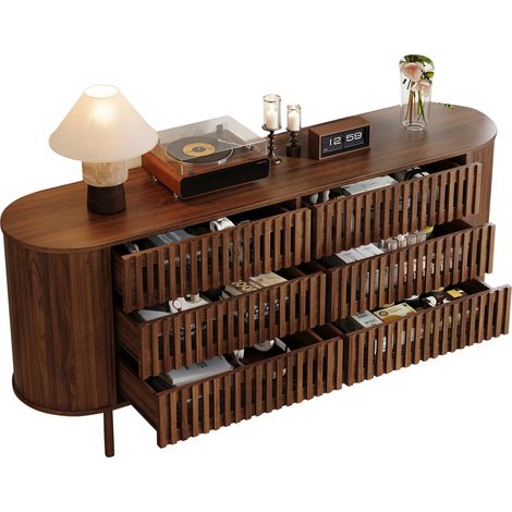 Buffet bas 6 tiroirs 160 x 40 x 70 cm, design à lamelles ajourées, MDF et pieds métal stables, pour salon ou entrée, teinte bois foncé - CHICFURN (1/5)