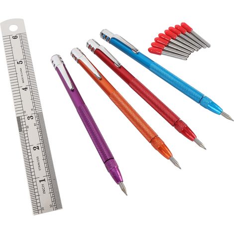 Lot de 4 stylos à graver en carbure de tungstène avec manche en aluminium moleté et 8 pointes de rechange pour céramique et métal. (1/5)