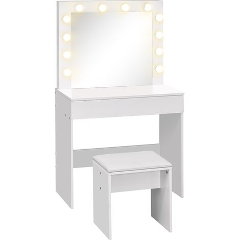 Postazione Trucco LED 12 Lumières avec Miroir, Banc Rembourré et Grand Tiroir, Bureau de Maquillage en Bois Blanc 80x40x140 cm