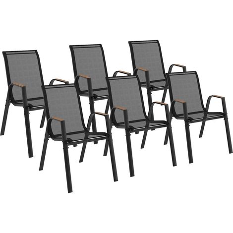 Idmarket – Lot de 6 chaises de jardin empilables – Structure en métal et textilène noir – Accoudoirs confortables – Dimensions 52x65x84cm