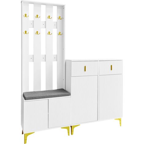 GagaVestiaire avec banc à chaussures, tiroirs et portes, crochets dorés, blanc (1/5)