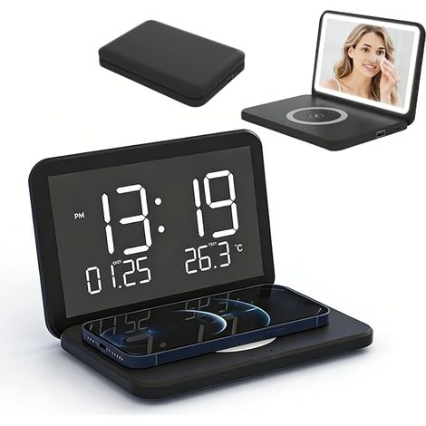 Reloj despertador digital con estación de carga, reloj de mesita de noche plegable 4 en 1 con termómetro, cargador inalámbrico de 15 W, reloj despertador con carga inalámbrica, pantalla LED tipo espej (1/5)