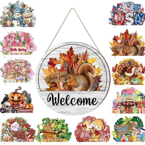 Fun, portable, cute, and innovative 16-piece welcome sign set, interchangeable front door decorations, hanging signs - 12-piece set -