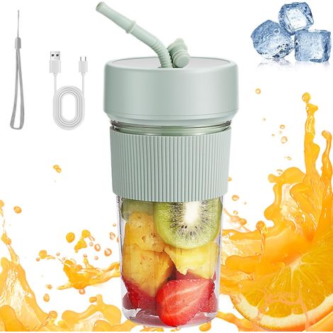 Tragbarer Entsafter, 350 ml, USB-Mini-Mixer, tragbarer Becher mit Strohhalm und 6 Klingen aus Edelstahl, Mixbecher in persönlicher Größe mit Umhängeband für unterwegs, Küche, Fitnessstudio, Grün