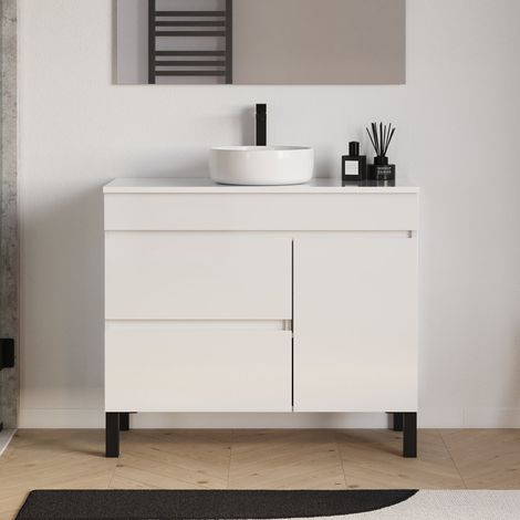 Meuble de salle de bain 90cm avec plateau et vasque à poser ronde - porte et tiroirs - sans miroir - blanc brillant - LAZARO (1/5)