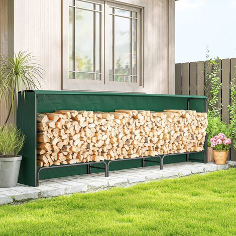 Leñera metálica exterior, soporte para leña con cubierta impermeable, estructura ajustable, estante elevado para leña, 1 m³, 300 x 36 x 99 cm, negro y verde oscuro (1/5)