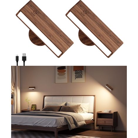 Lot de 2 Lampe Murale Sans Fil Rechargeable USB,Applique Murale Intérieure Bois,Réglage de La Luminosité Applique Sans Fil Chambre,Lampe de Chevet Tactile,Adhesive Mounting (1/5)