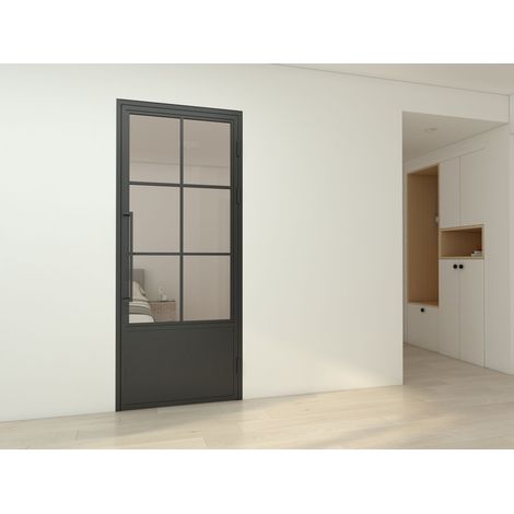Porte verrière intérieure 83 x 197 cm, bloc porte Loft, verre transparent, style atelier soubassement noir 6 fenêtres, ouverture tirant droite