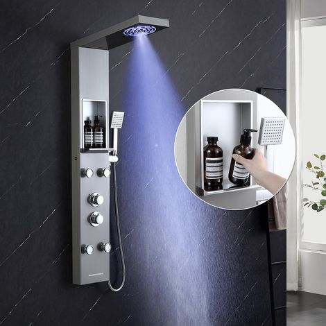 Tour de douche avec mitigeur et étagère, colonne de douche à 5 modes, douche pluie et brume, 4 jets de massage réglables grand angle, combiné et bec de baignoire cascade, acier inoxydable (1/5)