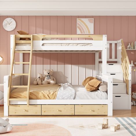 Lit superposé enfant 90x200/140x200 cm avec escalier de rangement, échelle et 3 tiroirs, bois blanc et naturel (1/5)