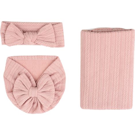 3-teiliges Babydecken-Stirnband-Set aus Baumwolle und Polyester in Weizenoptik mit einfarbigem Stretchanteil, rosa (1/5)