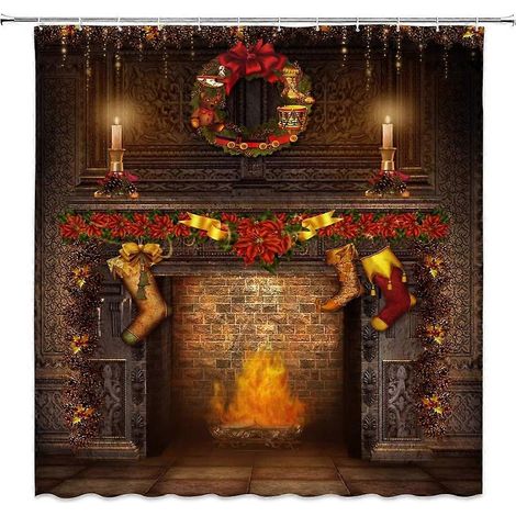 Rideau de douche décoratif de Noël style vintage cheminée, motif chaussette rouge classique et flammes hivernales, salle de bain, 178 x 178 cm, marron (1/5)