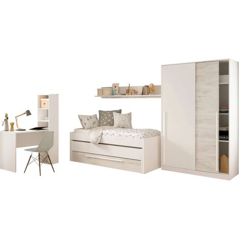 Pack Muebles Dormitorio Juvenil Completo  en Color Blanco y Roble Claro Cama + Armario + Escritorio con Estantería. Incluye Somieres