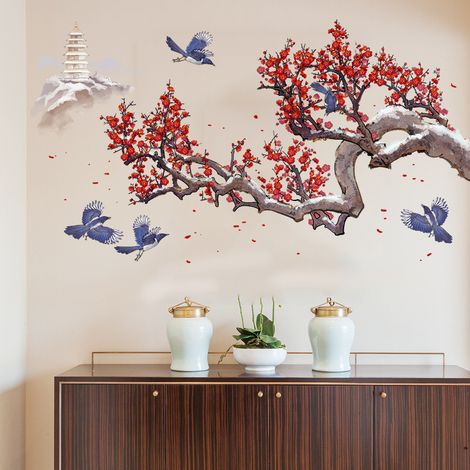 Sticker mural - branche de prunier avec fleurs - pour chambre d'enfant, salle de bain, salon