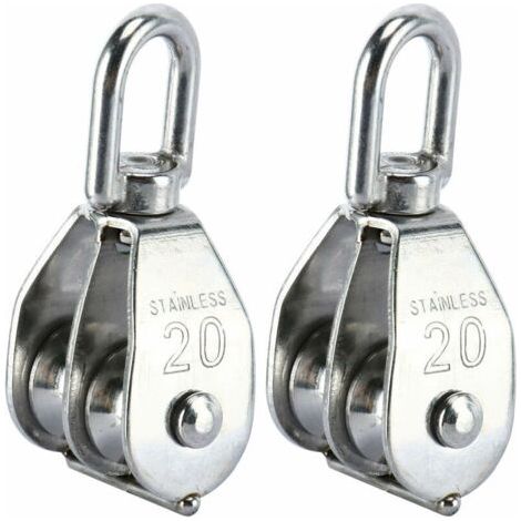 Lot de 2 blocs de poulie double en acier inoxydable 304 avec crochet pivotant à double poulie (M20)